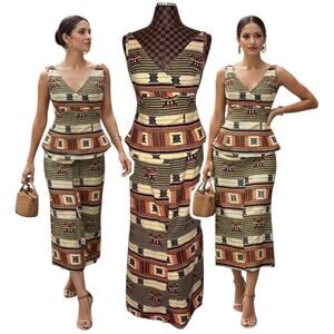 Hang Ten Tribal 2-Piece Set Woven Peplum Top Maxi Skirt Size Small Vtg Boho Tiki